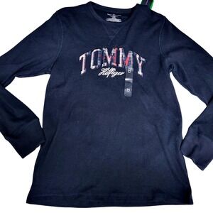 Tommy Hilfiger Mens Navy Blue Waffle Knit Thermal Long Sleeve Logo Shirt Medium